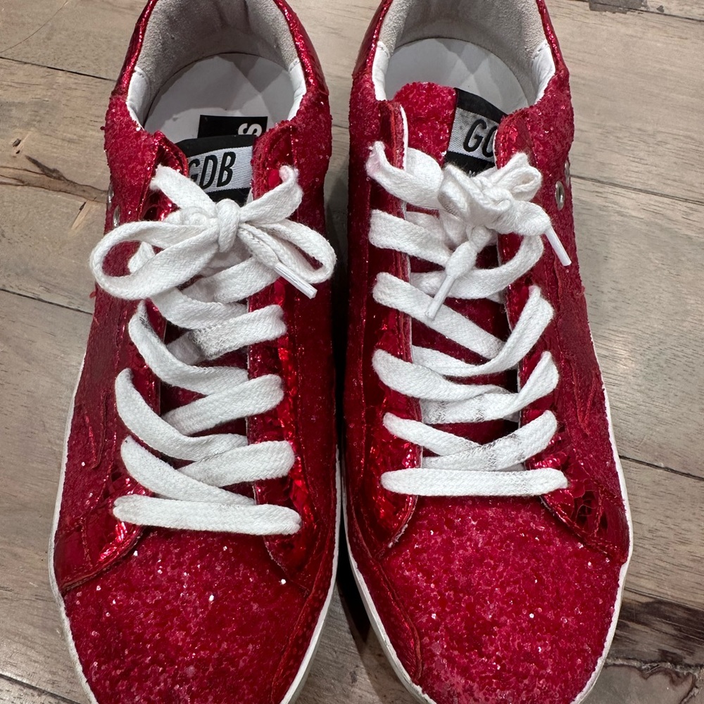 Golden Goose red low top sequin sneakers. Size 7.